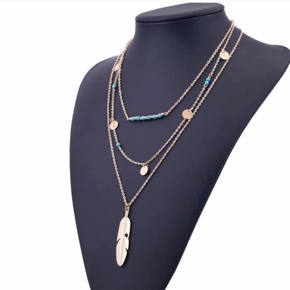 3 Layer Boho Feather Necklace Gold Tone - Picture 3 of 5